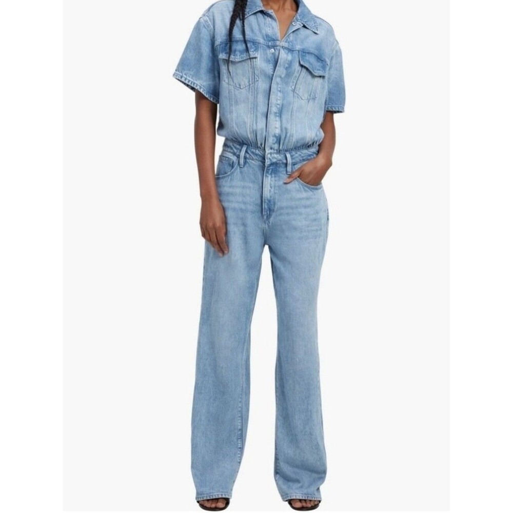NWT Good American Weightless Denim Jumpsuit Indigo Size 2 GDJ033 Wide Leg